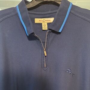 Tommy Bahama Navy Polo with Light Blue Trim and Zip Placket